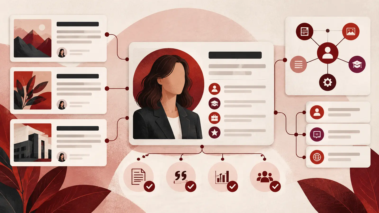 Editorial illustration connecting a WordPress author profile to articles and proof