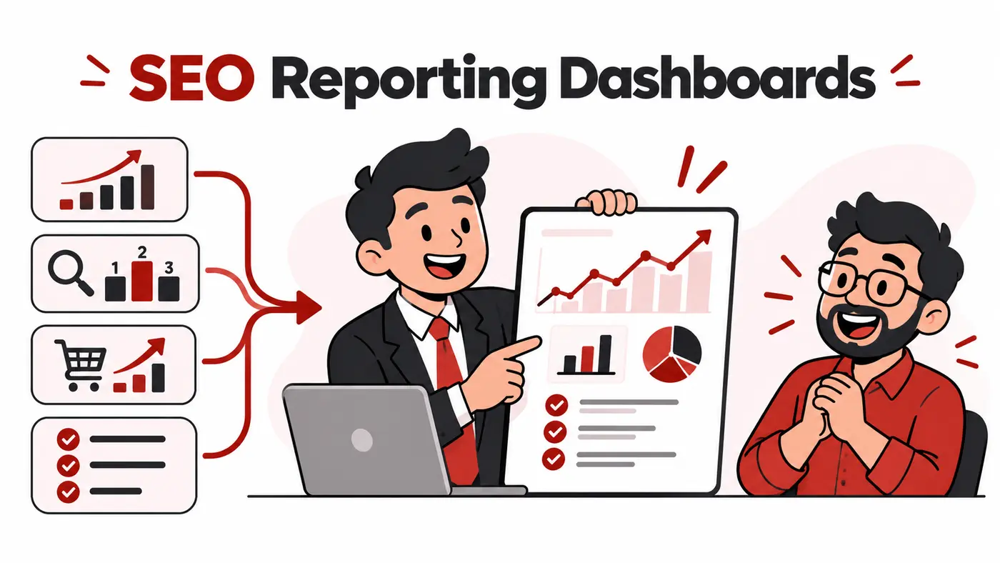 Cartoon illustration of an SEO reporting dashboard explained clearly to a client